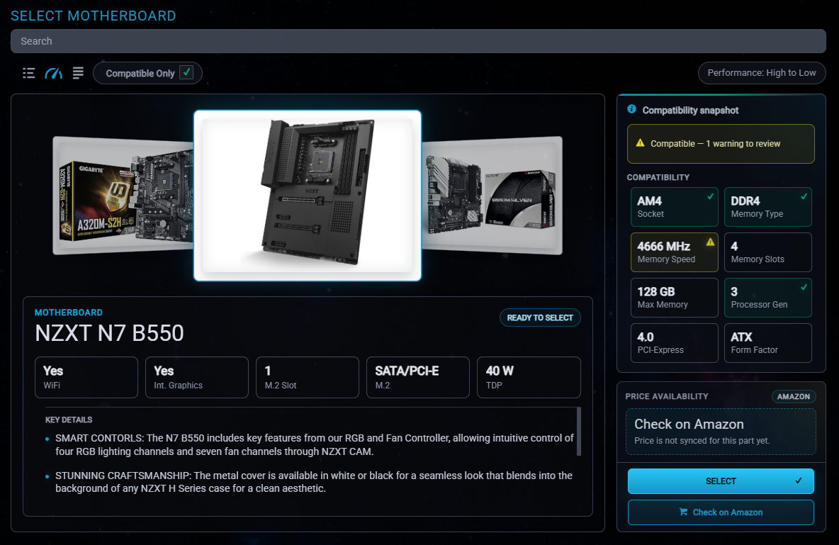 Compatibility snapshot checking each part spec against the rest of the build