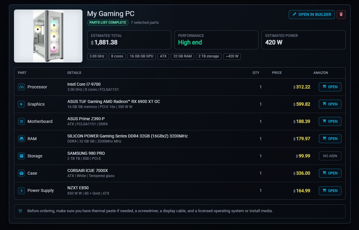 Saved custom PC builds ready to clone